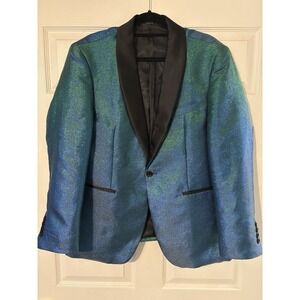 Vegas Party Wedding Jacket Mens L Blue Green Blazer Tuxedo Shiny